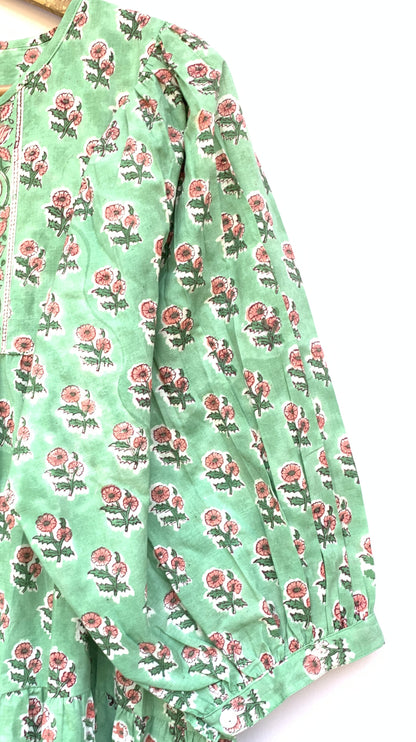 Sage Green Pink Floral Hand Block Printed Cotton Mini Dress – Puff Sleeve Boho Indian Dress
