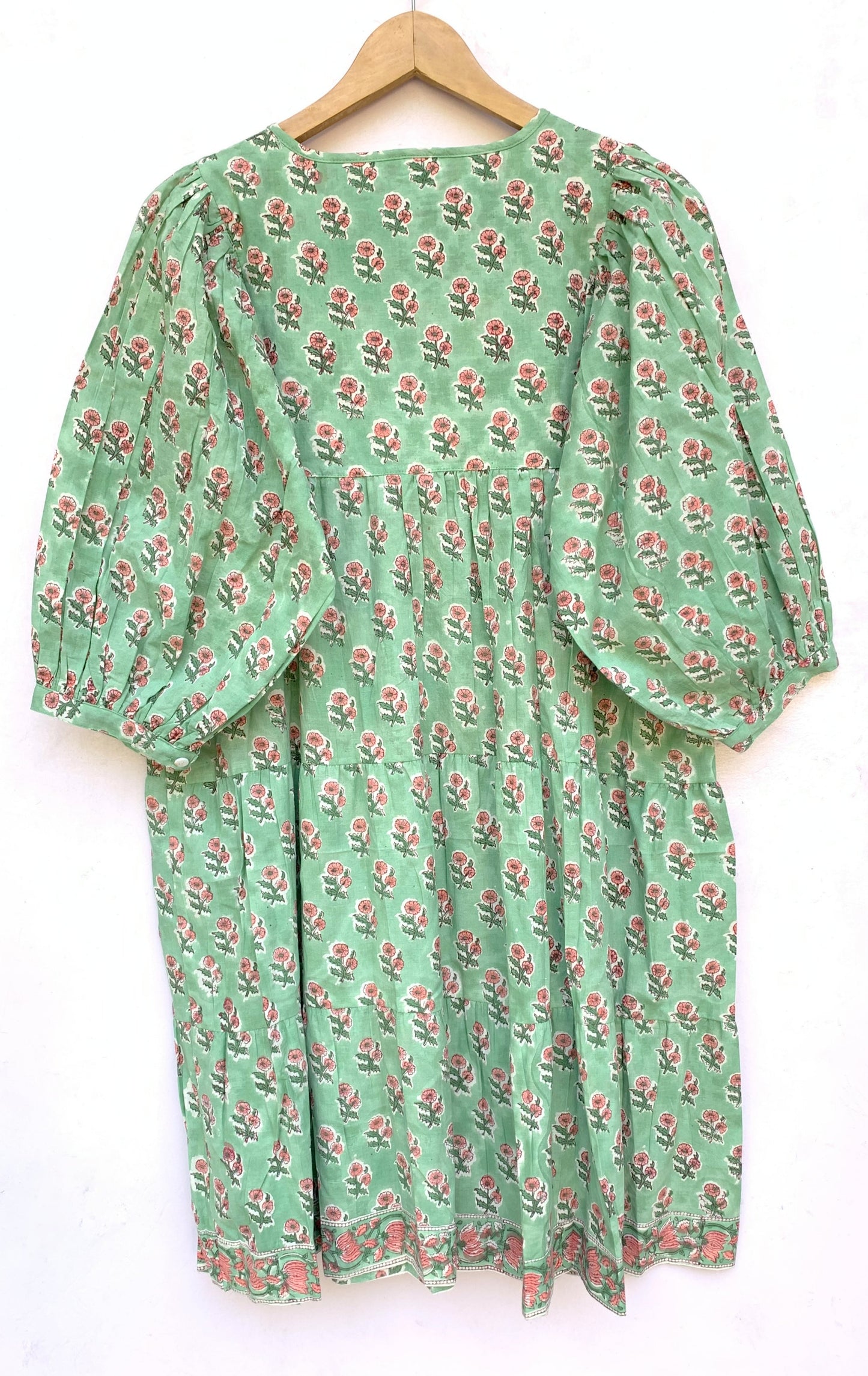 Sage Green Pink Floral Hand Block Printed Cotton Mini Dress – Puff Sleeve Boho Indian Dress