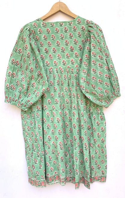 Sage Green Pink Floral Hand Block Printed Cotton Mini Dress – Puff Sleeve Boho Indian Dress