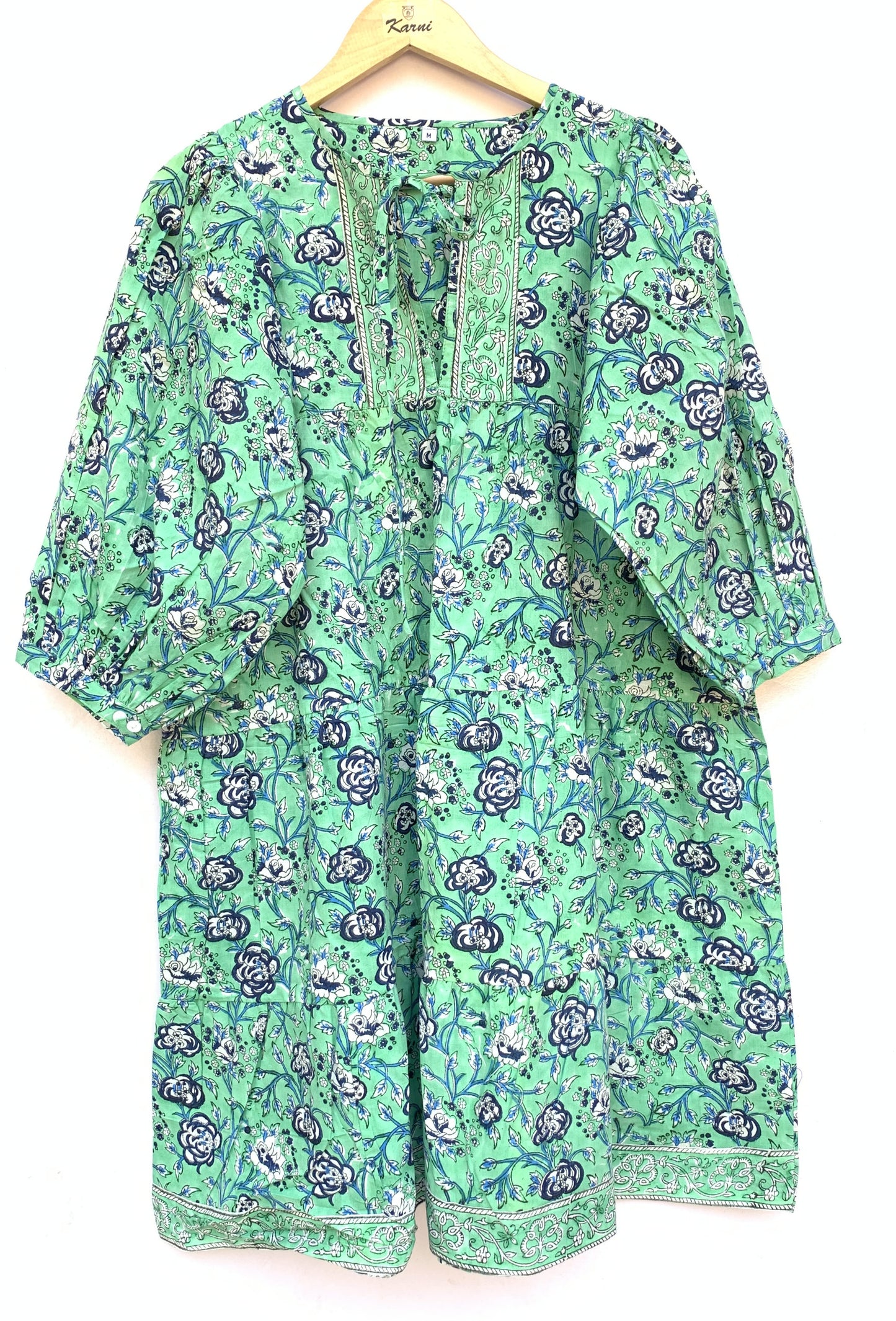 Mint Green Floral Hand Block Printed Cotton Mini Dress – Puff Sleeve Boho Indian Dress