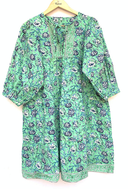 Mint Green Floral Hand Block Printed Cotton Mini Dress – Puff Sleeve Boho Indian Dress