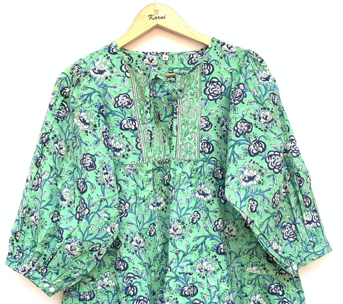 Mint Green Floral Hand Block Printed Cotton Mini Dress – Puff Sleeve Boho Indian Dress