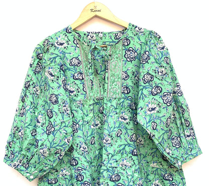 Mint Green Floral Hand Block Printed Cotton Mini Dress – Puff Sleeve Boho Indian Dress