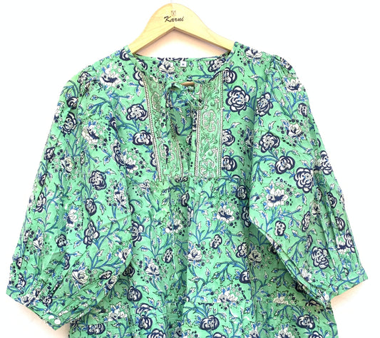 Mint Green Floral Hand Block Printed Cotton Mini Dress – Puff Sleeve Boho Indian Dress