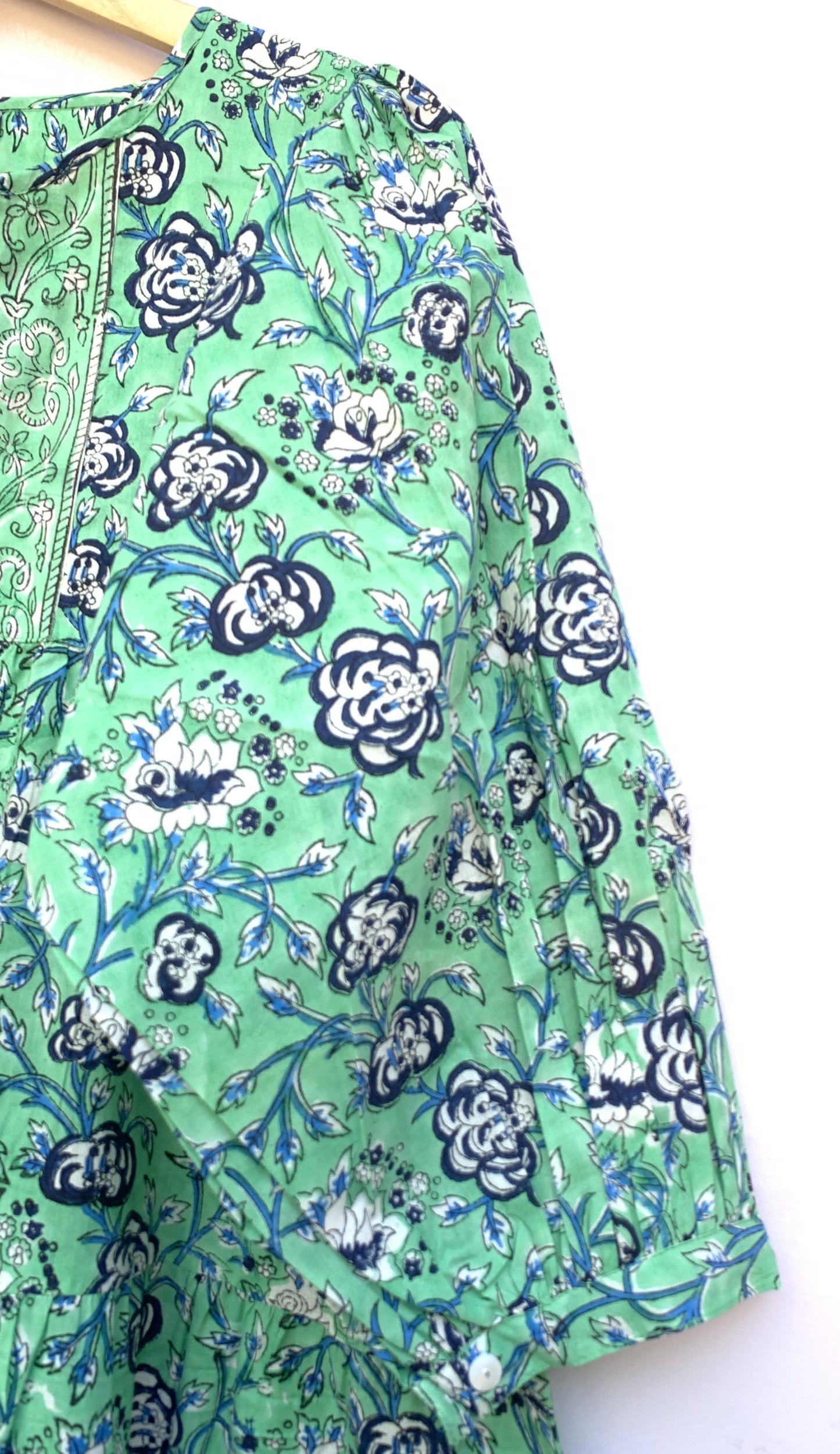 Mint Green Floral Hand Block Printed Cotton Mini Dress – Puff Sleeve Boho Indian Dress