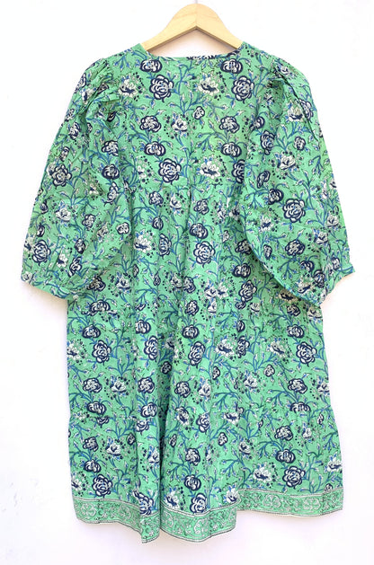 Mint Green Floral Hand Block Printed Cotton Mini Dress – Puff Sleeve Boho Indian Dress