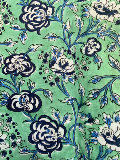 Mint Green Floral Hand Block Printed Cotton Mini Dress – Puff Sleeve Boho Indian Dress