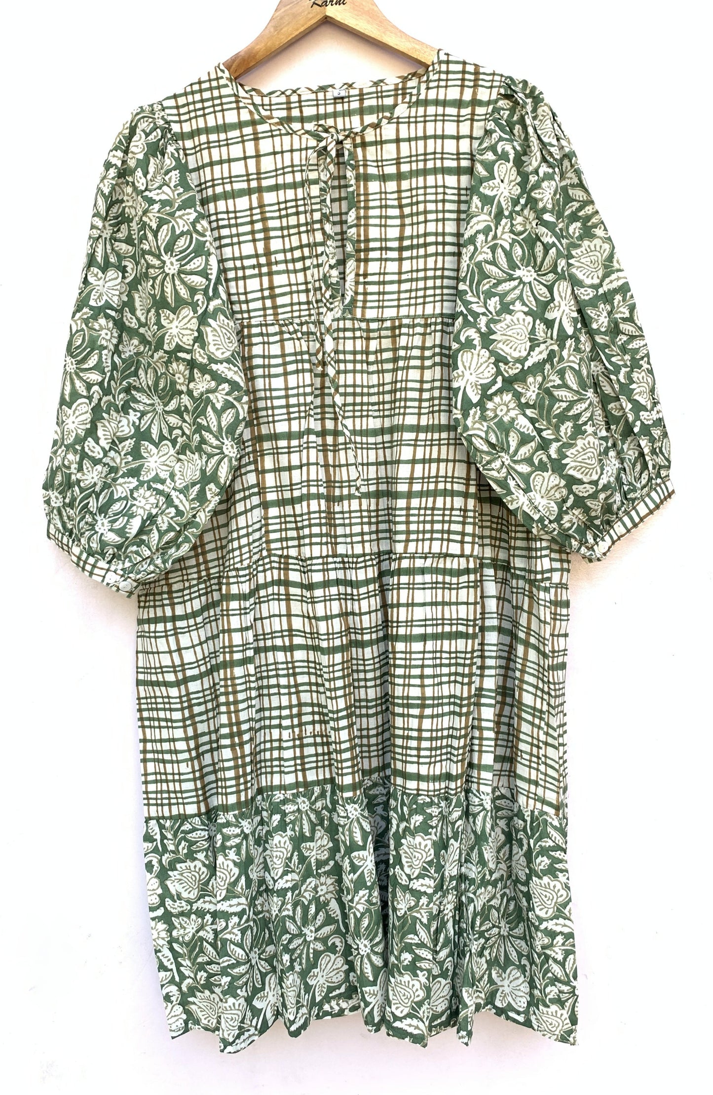 Sage Green Floral Check Hand Block Printed Cotton Mini Dress – Puff Sleeve Boho Indian Dress