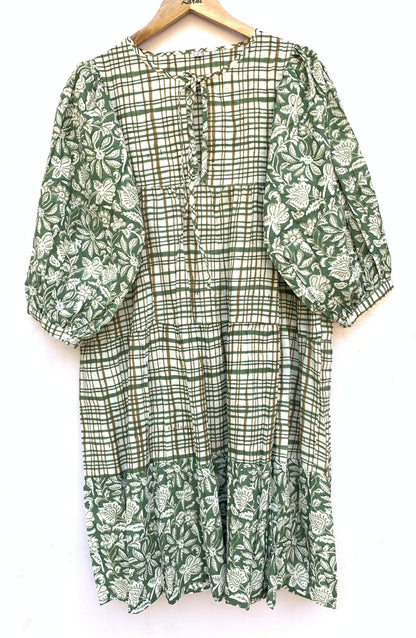 Sage Green Floral Check Hand Block Printed Cotton Mini Dress – Puff Sleeve Boho Indian Dress