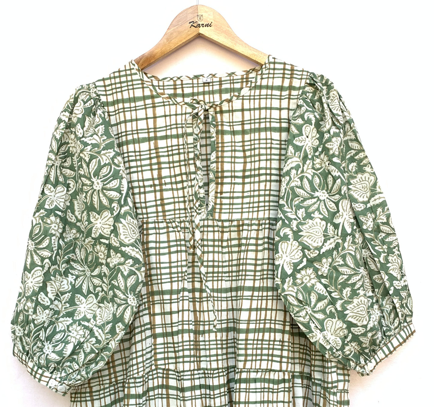 Sage Green Floral Check Hand Block Printed Cotton Mini Dress – Puff Sleeve Boho Indian Dress