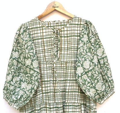 Sage Green Floral Check Hand Block Printed Cotton Mini Dress – Puff Sleeve Boho Indian Dress