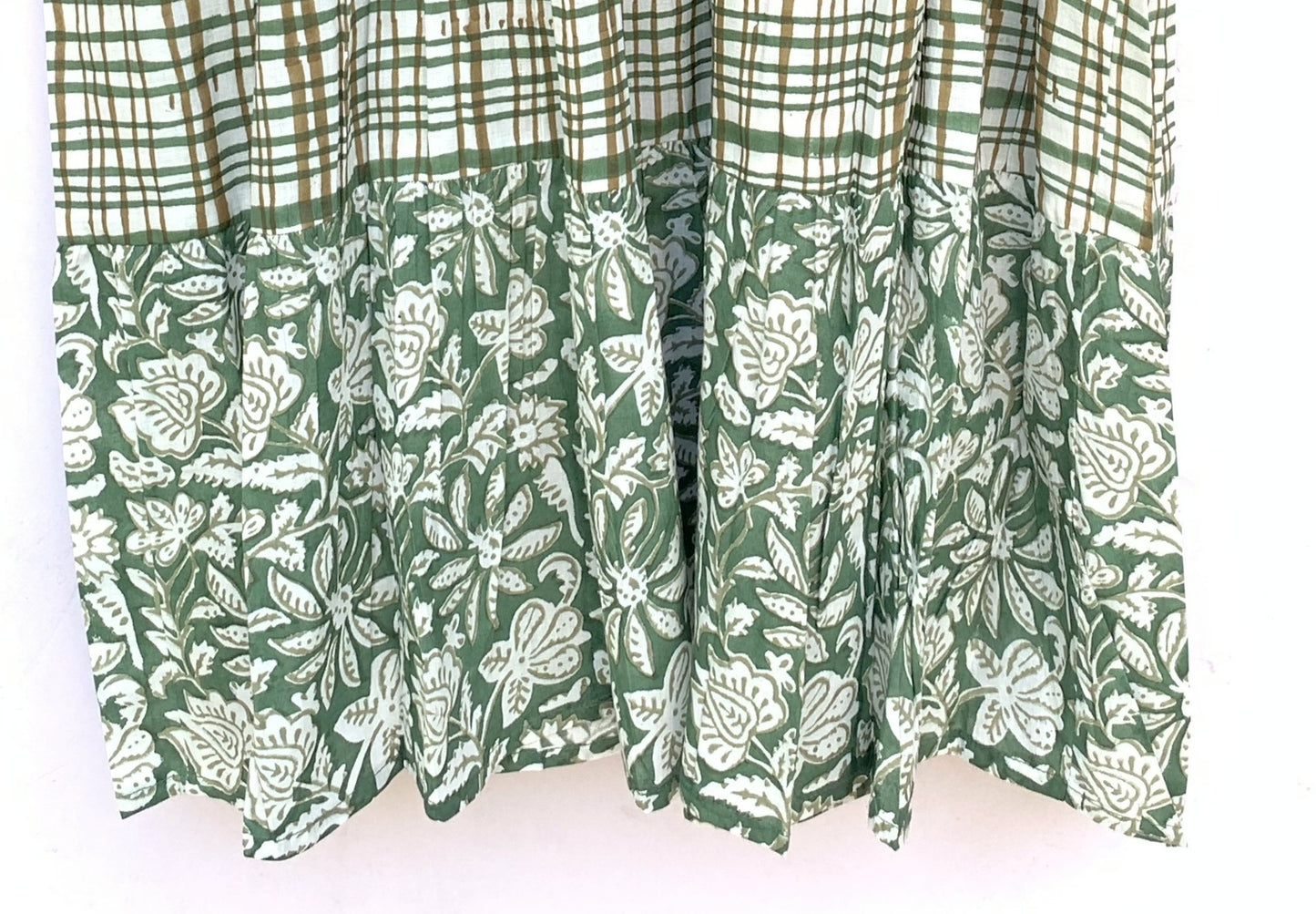 Sage Green Floral Check Hand Block Printed Cotton Mini Dress – Puff Sleeve Boho Indian Dress