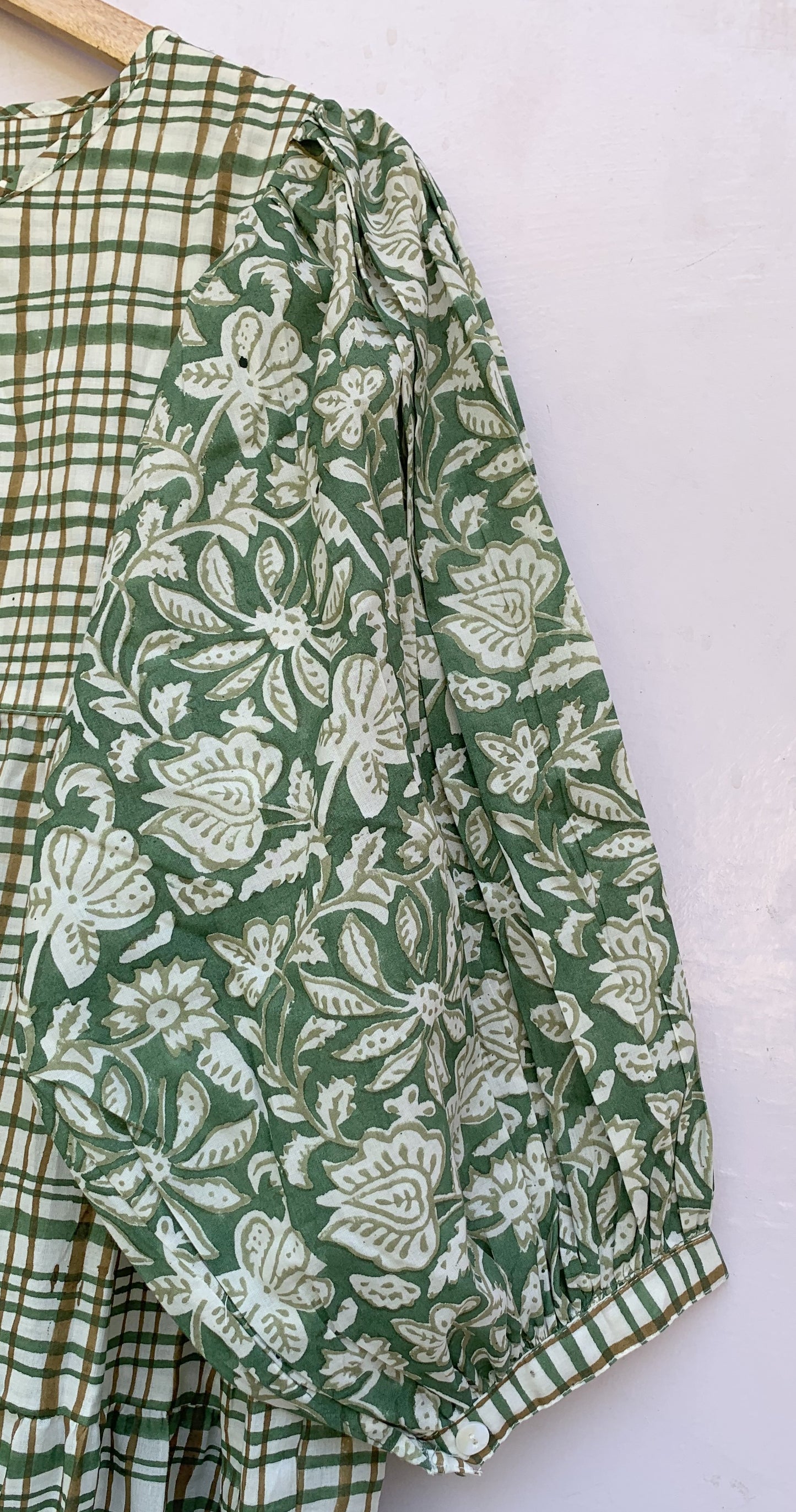 Sage Green Floral Check Hand Block Printed Cotton Mini Dress – Puff Sleeve Boho Indian Dress