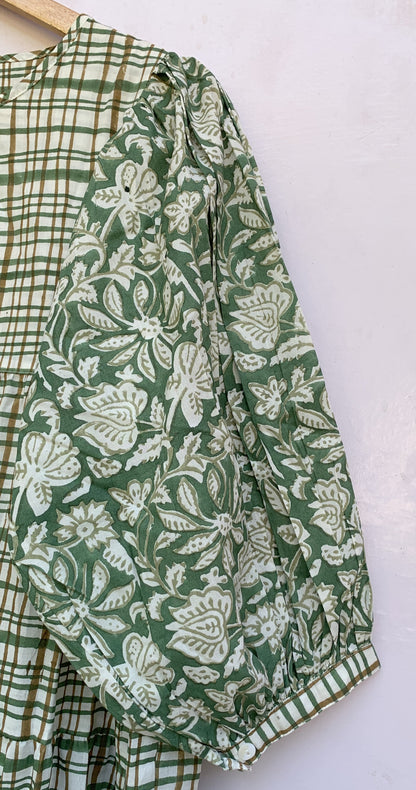 Sage Green Floral Check Hand Block Printed Cotton Mini Dress – Puff Sleeve Boho Indian Dress