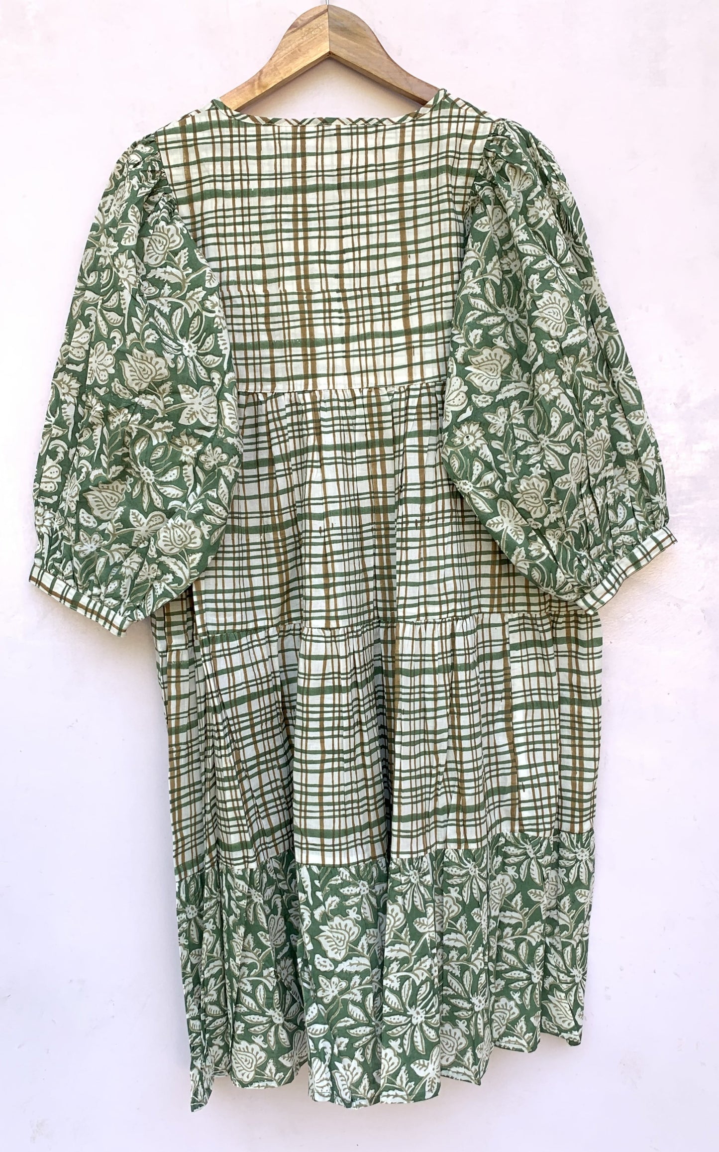 Sage Green Floral Check Hand Block Printed Cotton Mini Dress – Puff Sleeve Boho Indian Dress