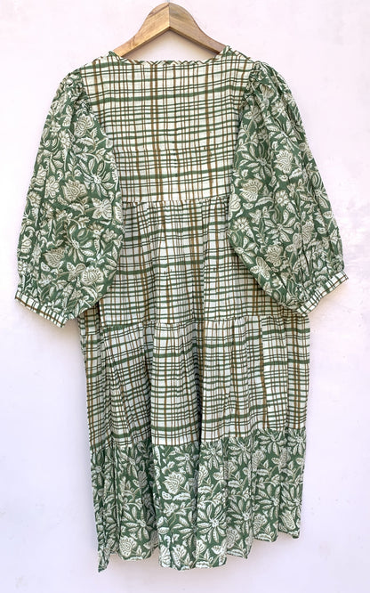 Sage Green Floral Check Hand Block Printed Cotton Mini Dress – Puff Sleeve Boho Indian Dress