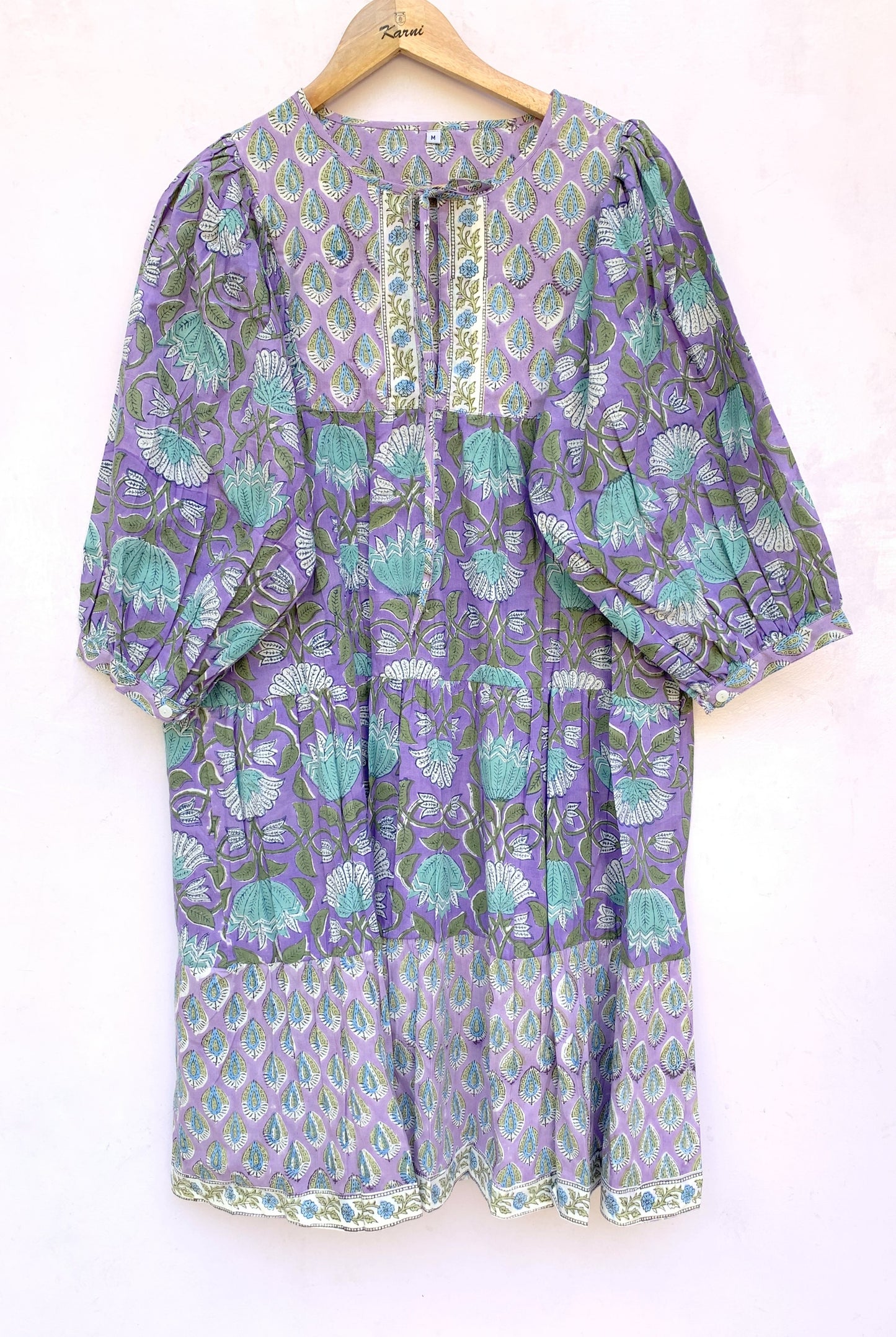Lavender Purple Floral Hand Block Printed Cotton Mini Dress – Puff Sleeve Boho Indian Dress