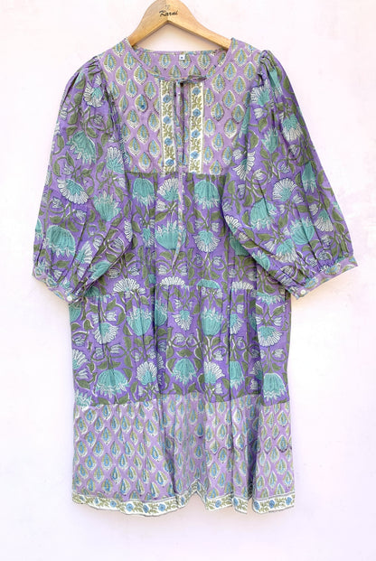 Lavender Purple Floral Hand Block Printed Cotton Mini Dress – Puff Sleeve Boho Indian Dress