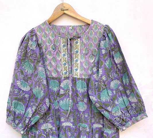 Lavender Purple Floral Hand Block Printed Cotton Mini Dress – Puff Sleeve Boho Indian Dress