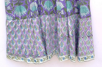Lavender Purple Floral Hand Block Printed Cotton Mini Dress – Puff Sleeve Boho Indian Dress