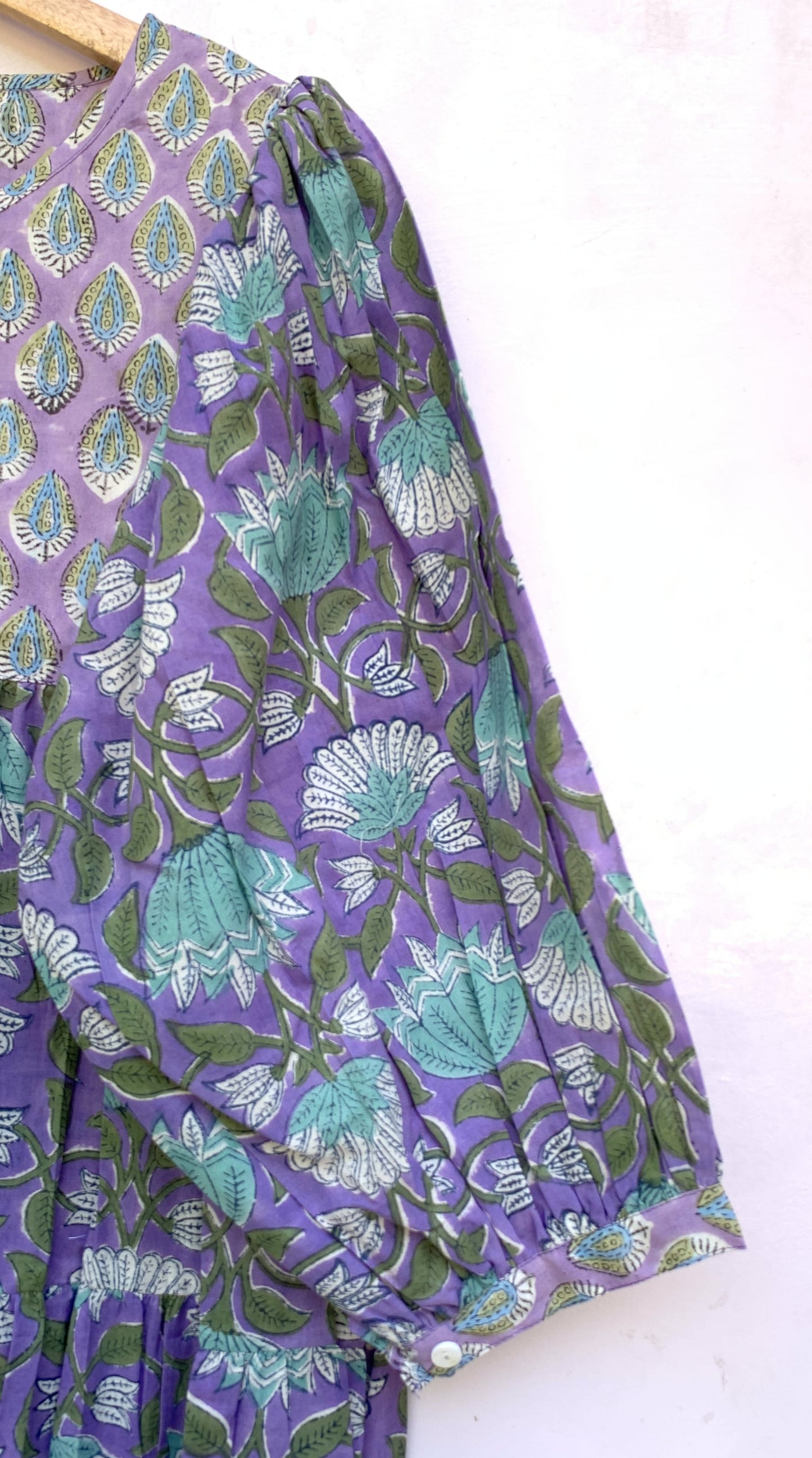 Lavender Purple Floral Hand Block Printed Cotton Mini Dress – Puff Sleeve Boho Indian Dress