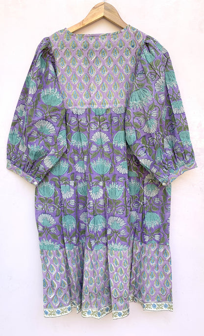 Lavender Purple Floral Hand Block Printed Cotton Mini Dress – Puff Sleeve Boho Indian Dress