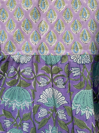 Lavender Purple Floral Hand Block Printed Cotton Mini Dress – Puff Sleeve Boho Indian Dress