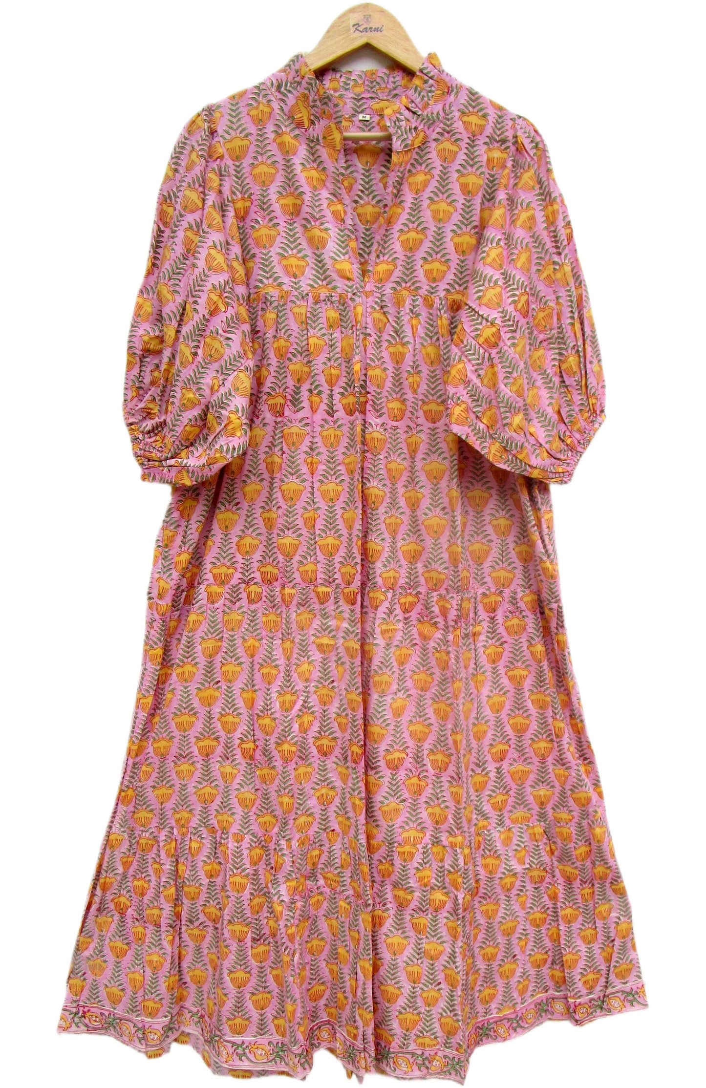 Pink Mustard Floral Hand Block Print Cotton Maxi Dress – Boho Puff Sleeve Tiered Summer Dress