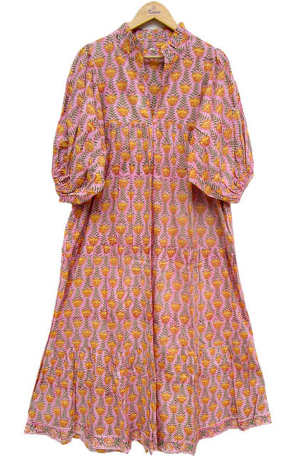 Pink Mustard Floral Hand Block Print Cotton Maxi Dress – Boho Puff Sleeve Tiered Summer Dress