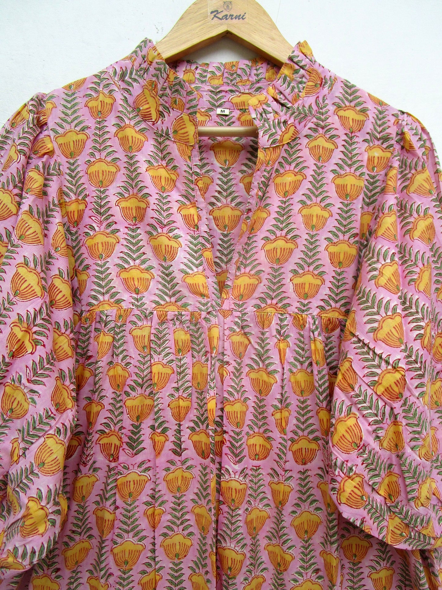 Pink Mustard Floral Hand Block Print Cotton Maxi Dress – Boho Puff Sleeve Tiered Summer Dress