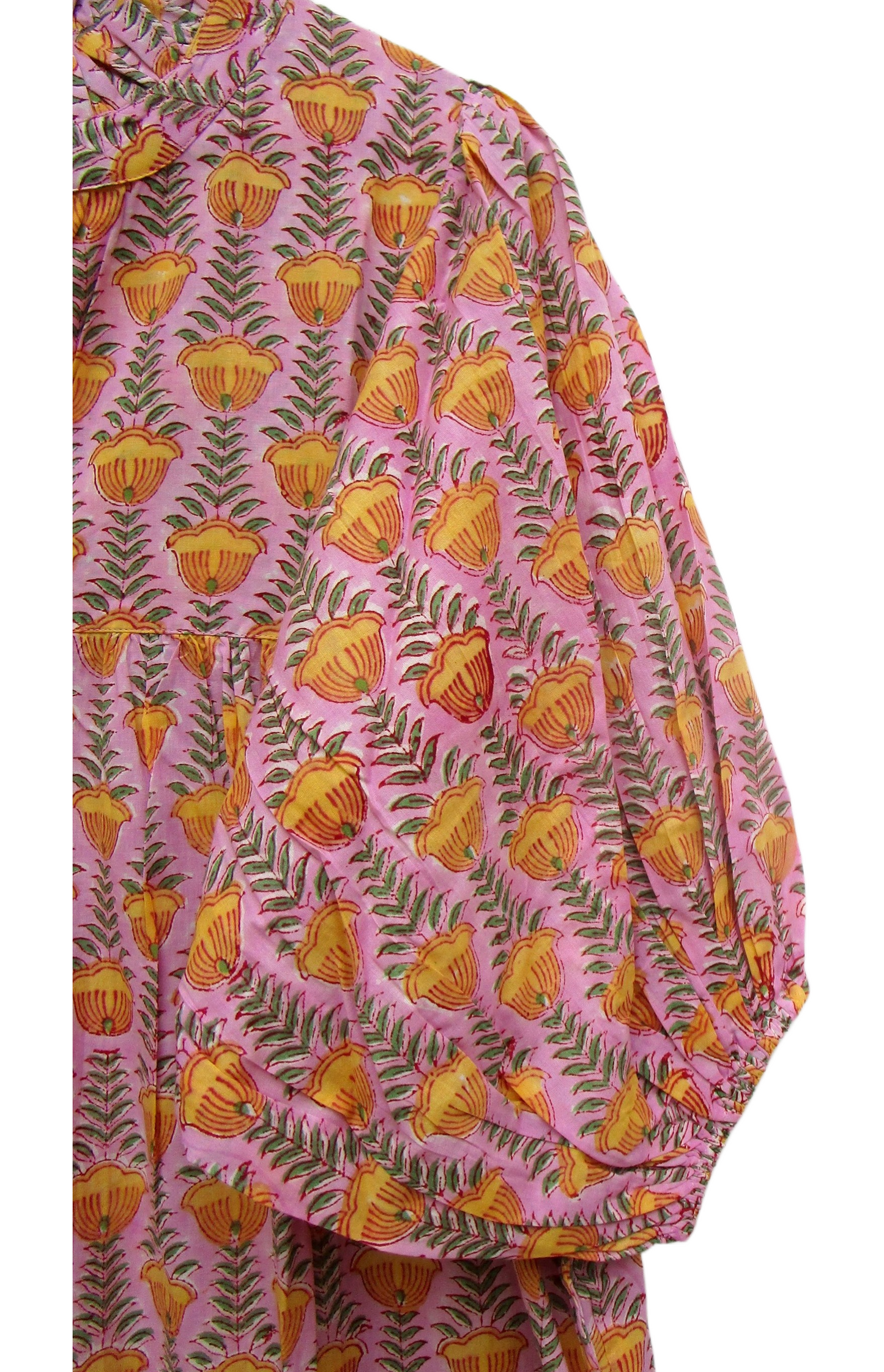 Pink Mustard Floral Hand Block Print Cotton Maxi Dress – Boho Puff Sleeve Tiered Summer Dress