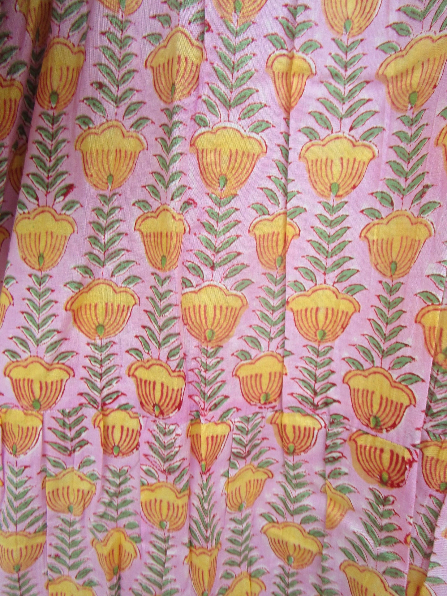 Pink Mustard Floral Hand Block Print Cotton Maxi Dress – Boho Puff Sleeve Tiered Summer Dress