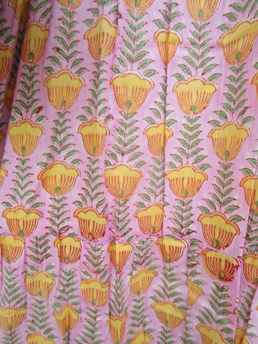 Pink Mustard Floral Hand Block Print Cotton Maxi Dress – Boho Puff Sleeve Tiered Summer Dress