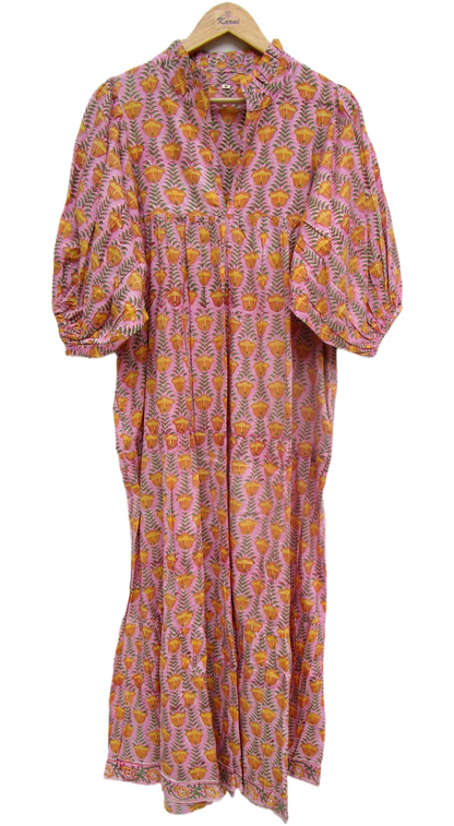 Pink Mustard Floral Hand Block Print Cotton Maxi Dress – Boho Puff Sleeve Tiered Summer Dress