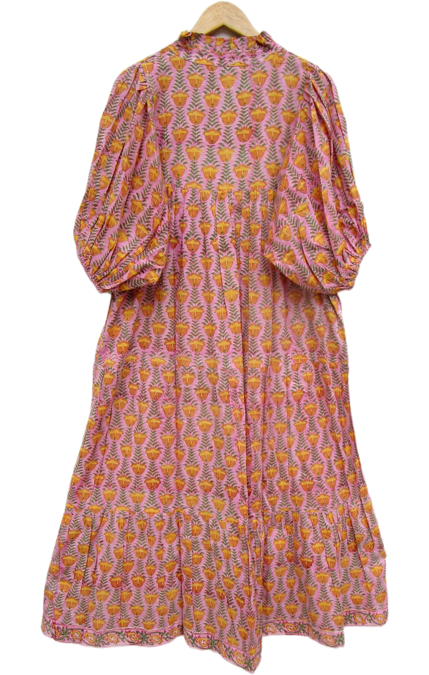 Pink Mustard Floral Hand Block Print Cotton Maxi Dress – Boho Puff Sleeve Tiered Summer Dress