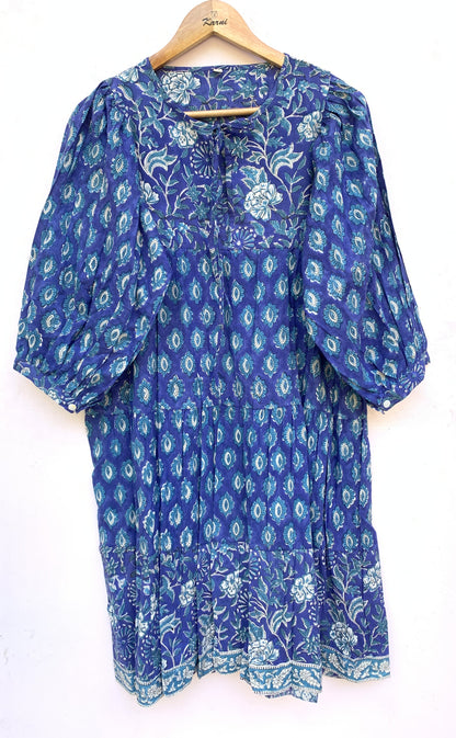 Royal Blue Floral Hand Block Print Cotton Short Dress – Boho Puff Sleeve Mini dress