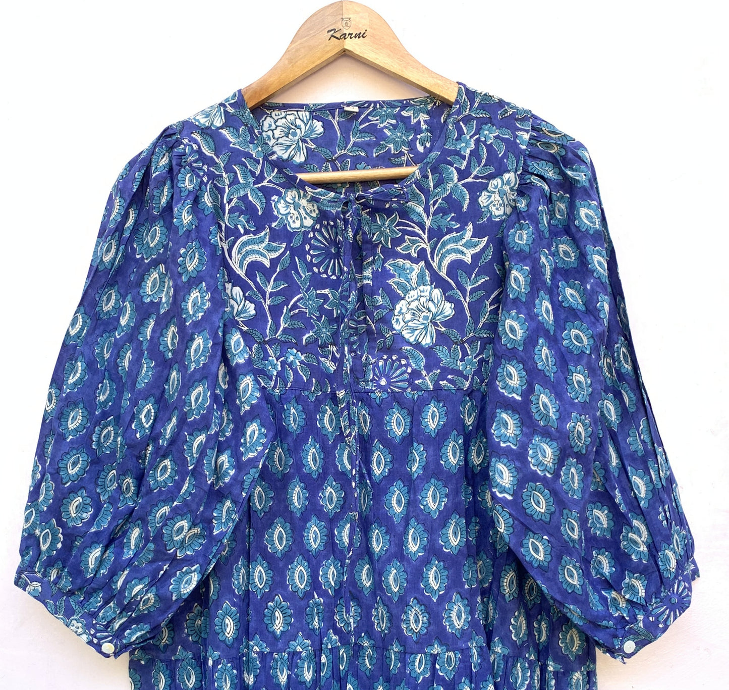 Royal Blue Floral Hand Block Print Cotton Short Dress – Boho Puff Sleeve Mini dress