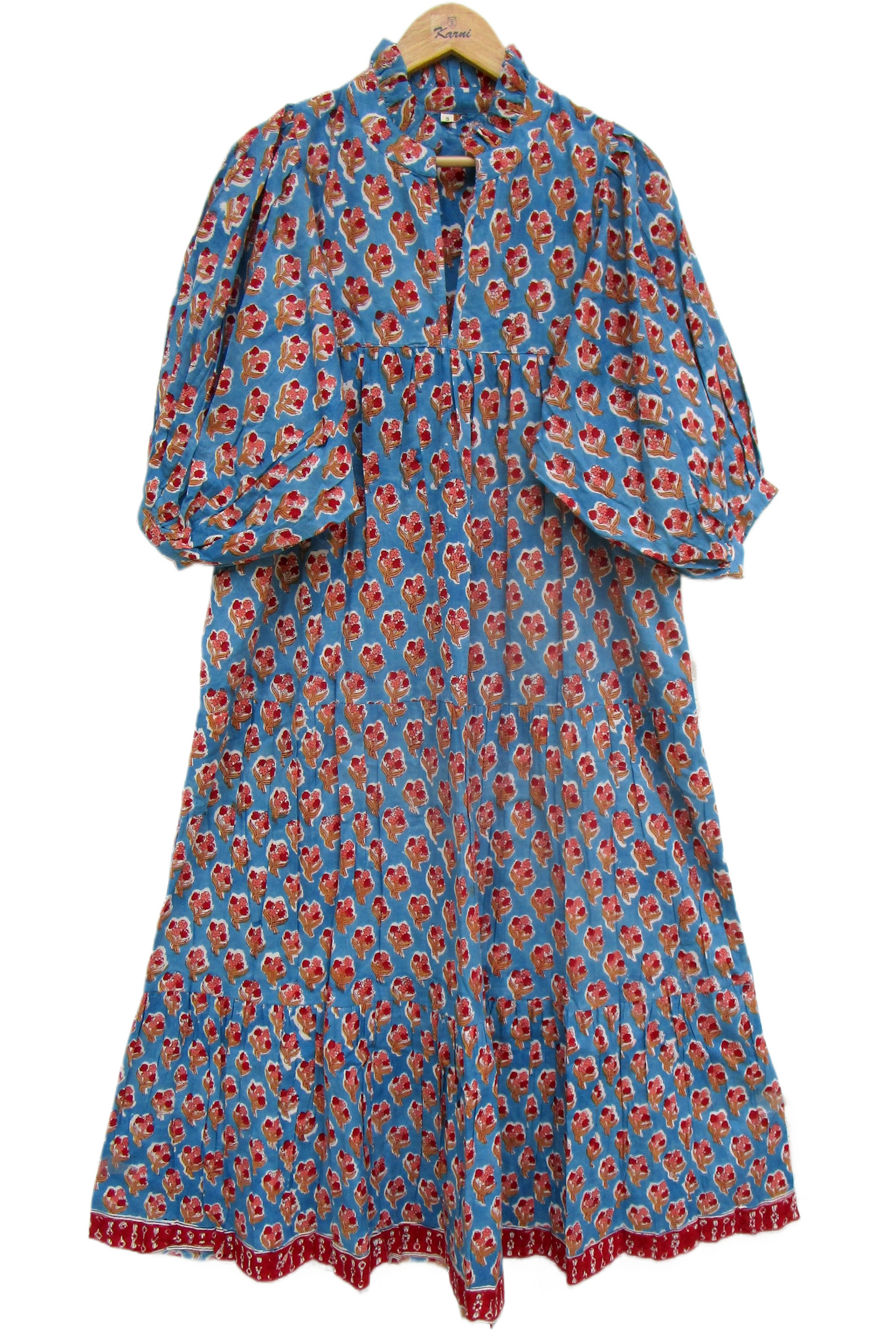 Sky Blue Red Floral Hand Block Print Cotton Maxi Dress – Boho Tiered Summer Style