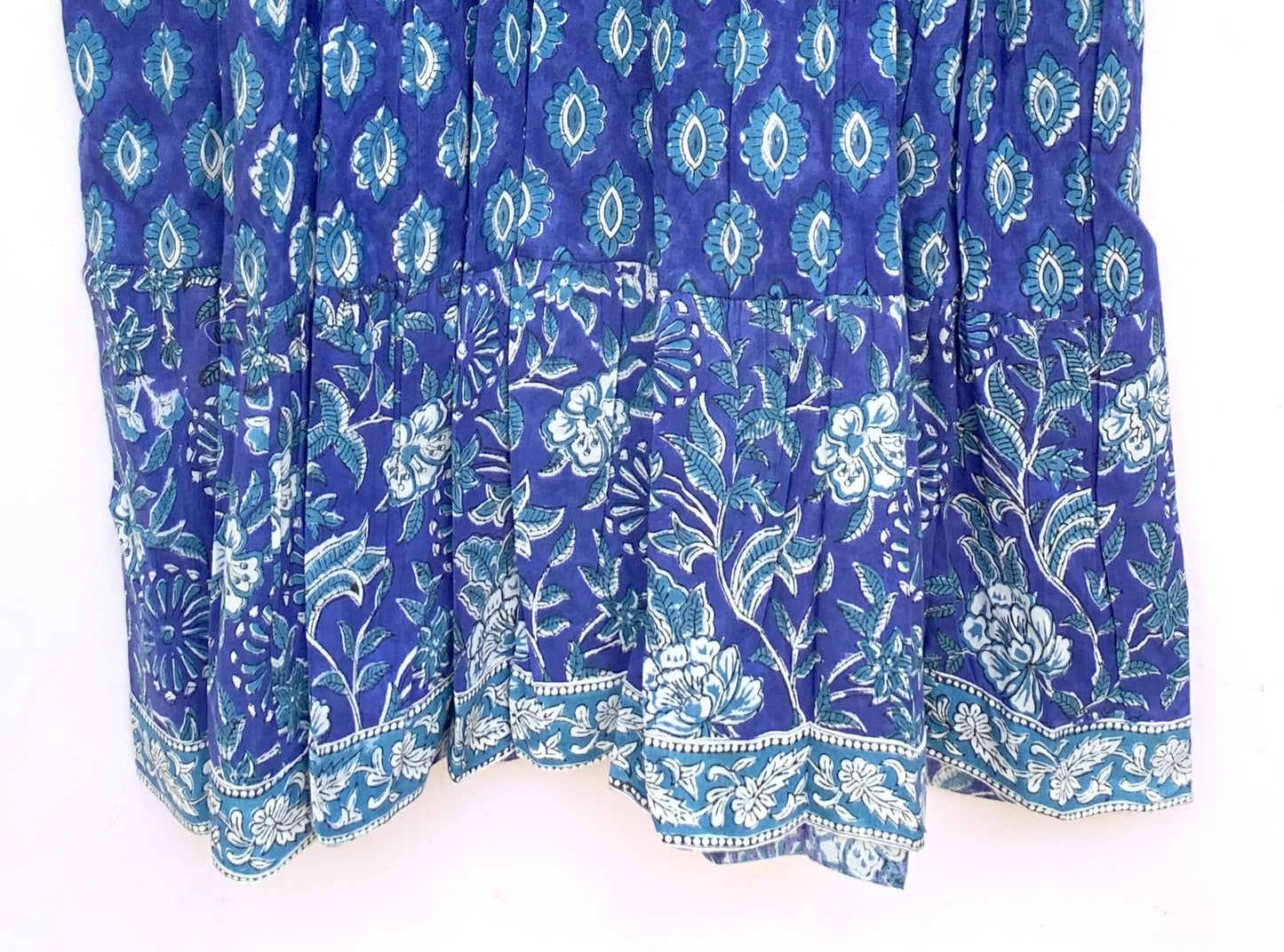 Royal Blue Floral Hand Block Print Cotton Short Dress – Boho Puff Sleeve Mini dress