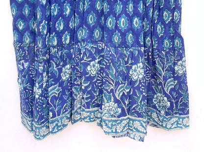 Royal Blue Floral Hand Block Print Cotton Short Dress – Boho Puff Sleeve Mini dress