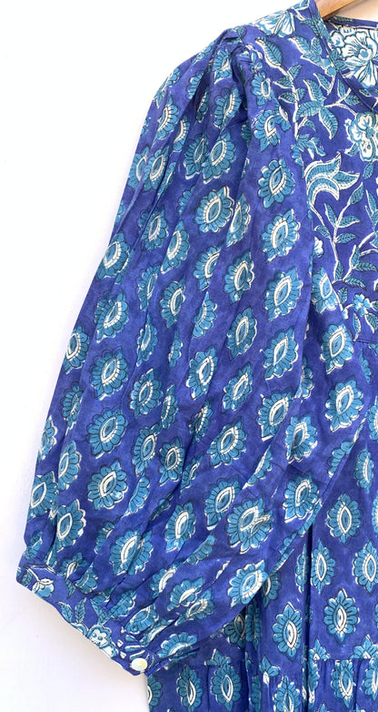 Royal Blue Floral Hand Block Print Cotton Short Dress – Boho Puff Sleeve Mini dress