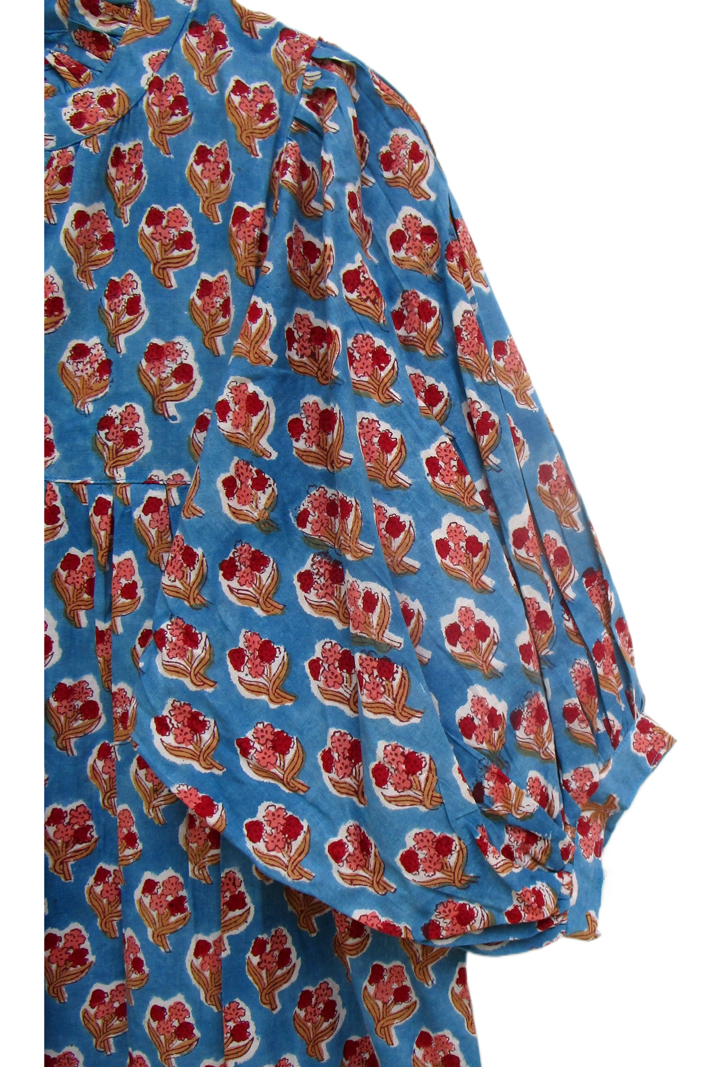 Sky Blue Red Floral Hand Block Print Cotton Maxi Dress – Boho Tiered Summer Style
