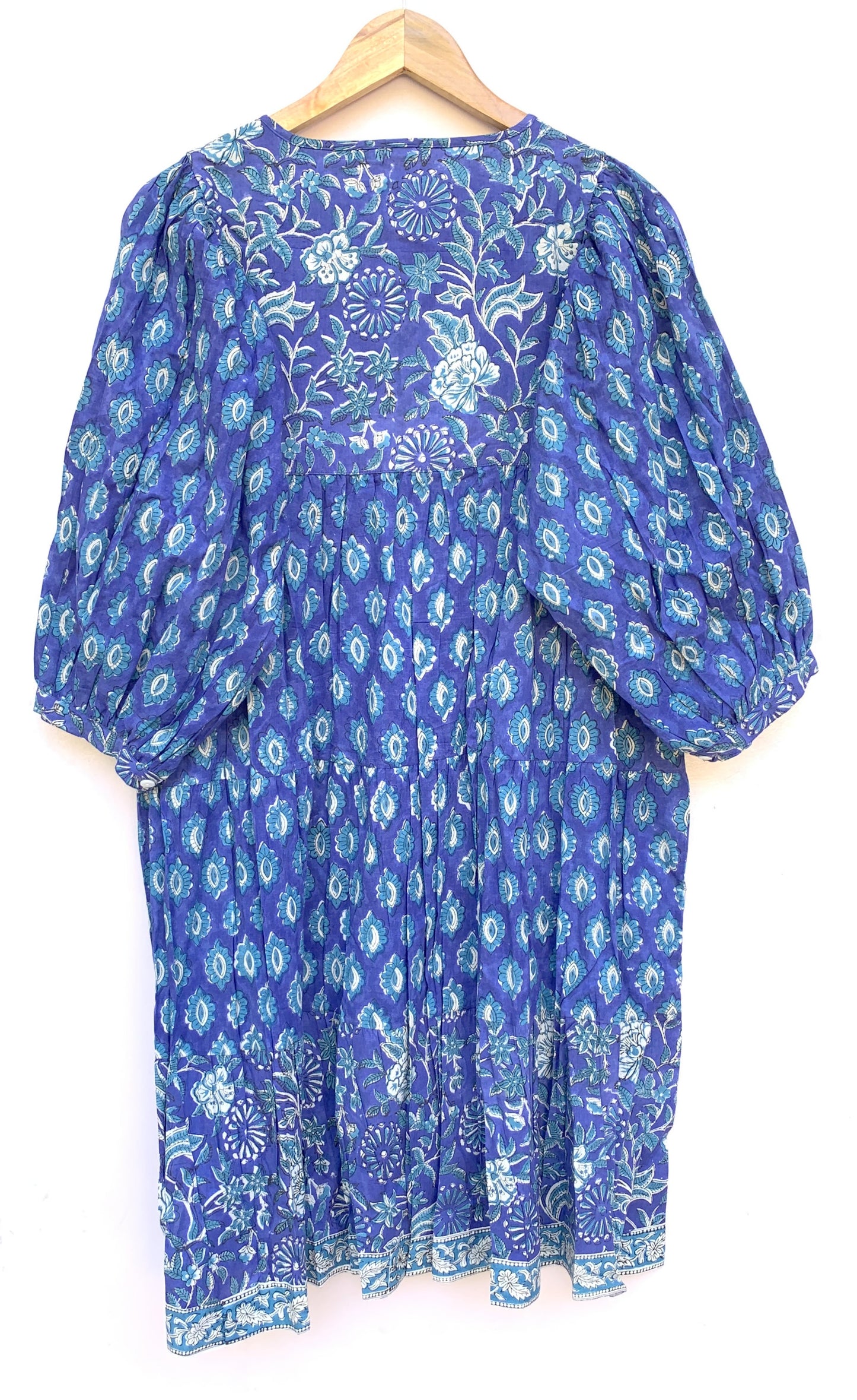 Royal Blue Floral Hand Block Print Cotton Short Dress – Boho Puff Sleeve Mini dress