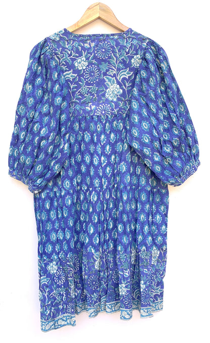 Royal Blue Floral Hand Block Print Cotton Short Dress – Boho Puff Sleeve Mini dress