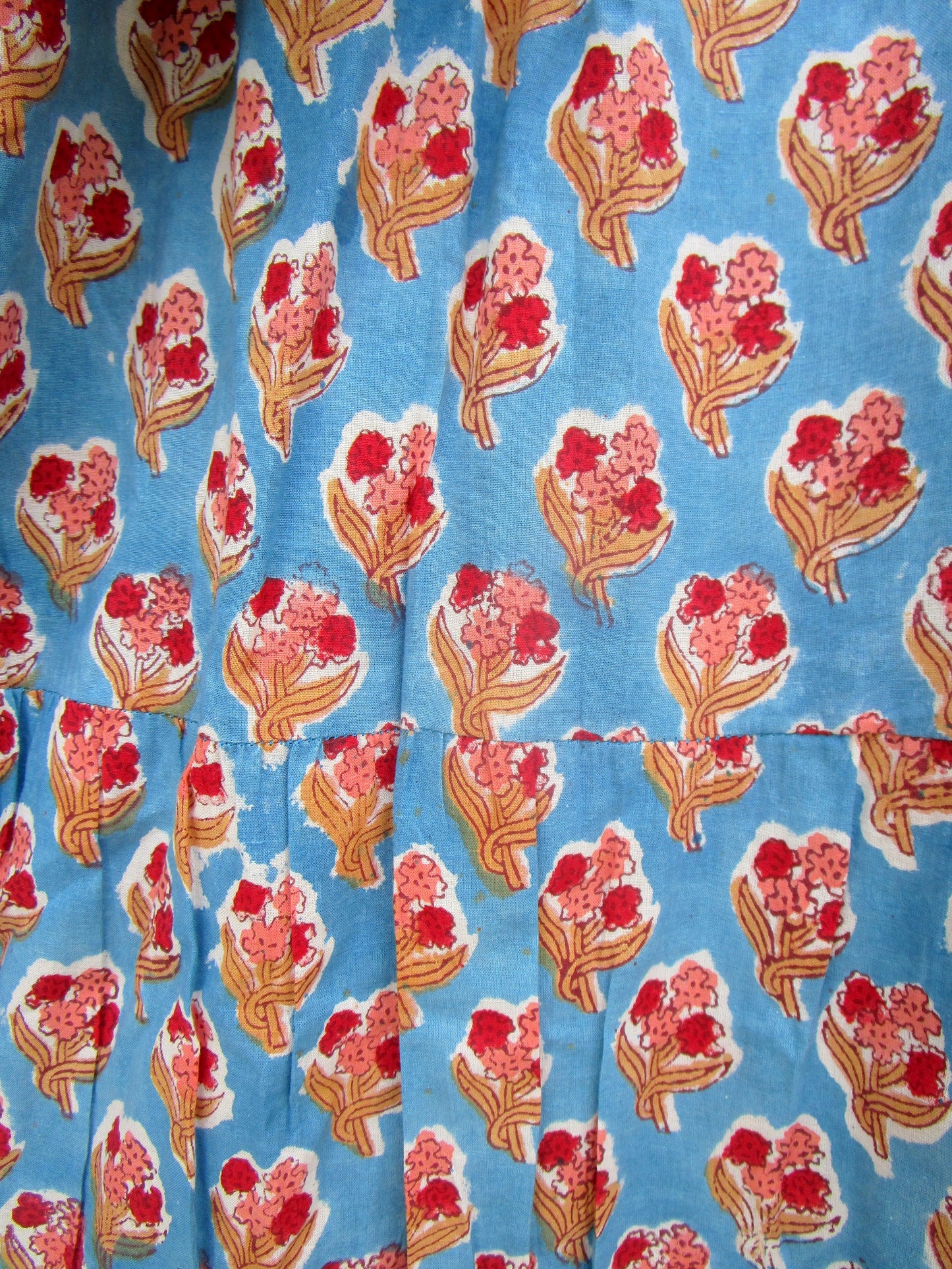 Sky Blue Red Floral Hand Block Print Cotton Maxi Dress – Boho Tiered Summer Style
