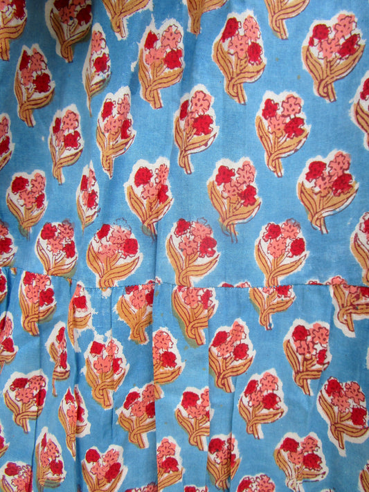 Sky Blue Red Floral Hand Block Print Cotton Maxi Dress – Boho Tiered Summer Style