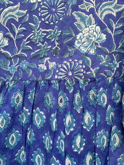 Royal Blue Floral Hand Block Print Cotton Short Dress – Boho Puff Sleeve Mini dress