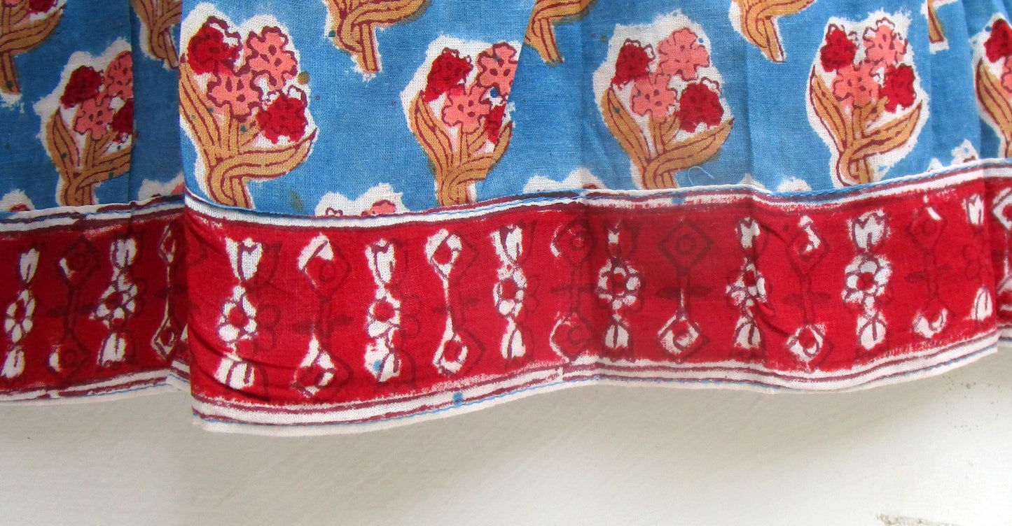 Sky Blue Red Floral Hand Block Print Cotton Maxi Dress – Boho Tiered Summer Style