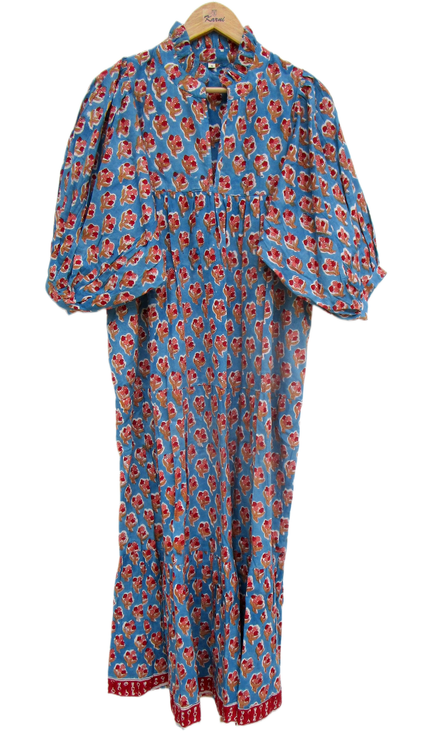 Sky Blue Red Floral Hand Block Print Cotton Maxi Dress – Boho Tiered Summer Style