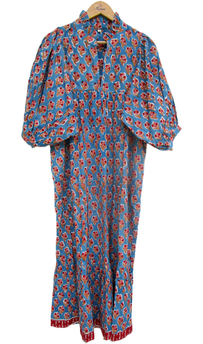 Sky Blue Red Floral Hand Block Print Cotton Maxi Dress – Boho Tiered Summer Style